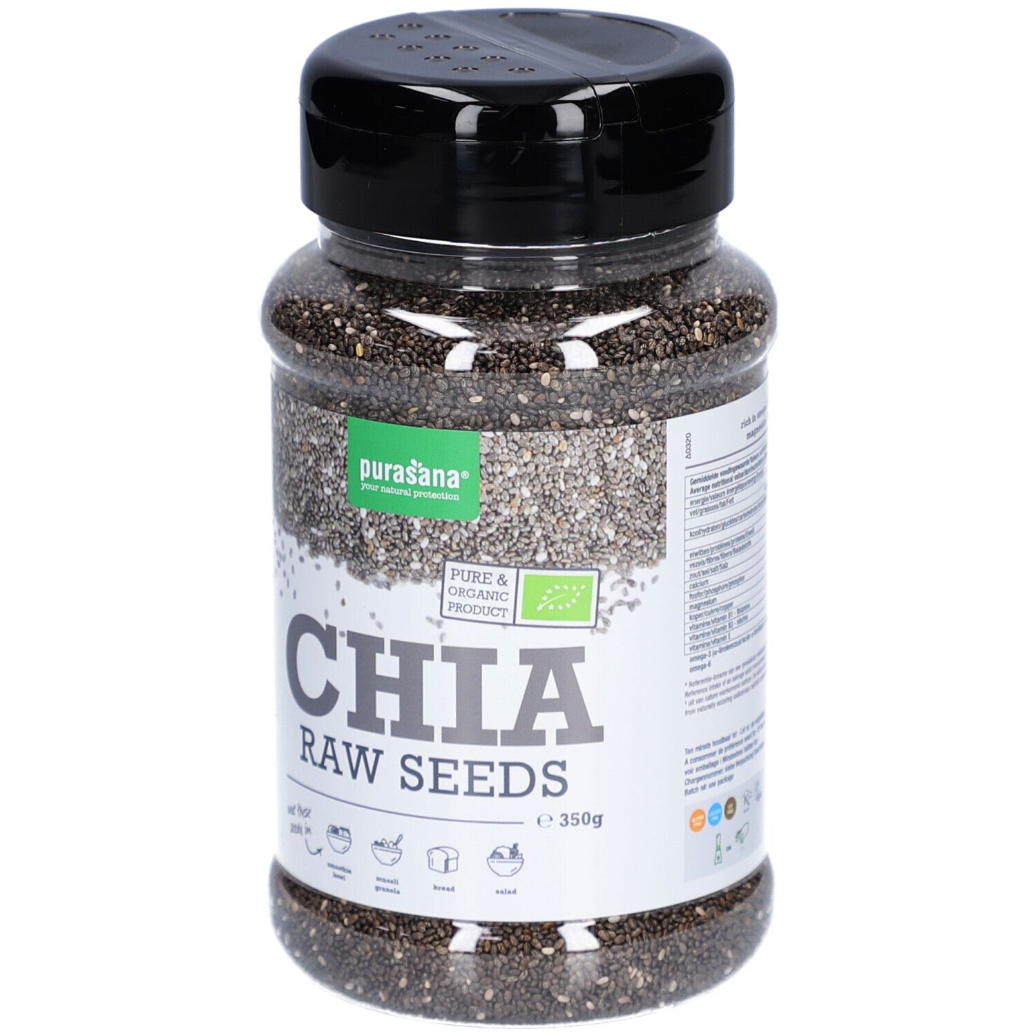 Chia zaden in pot. Merk Purasana. Bio-certificering. Zwarte deksel. Transparante pot met zaden.