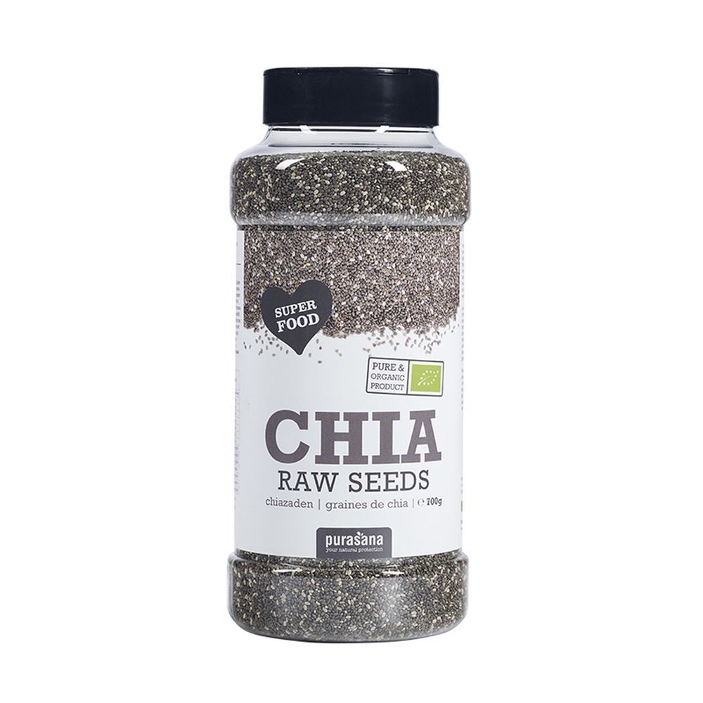 Boîte transparente de graines de chia. Couvercle noir. Inscription : Chia Raw Seeds, purasana, label bio.