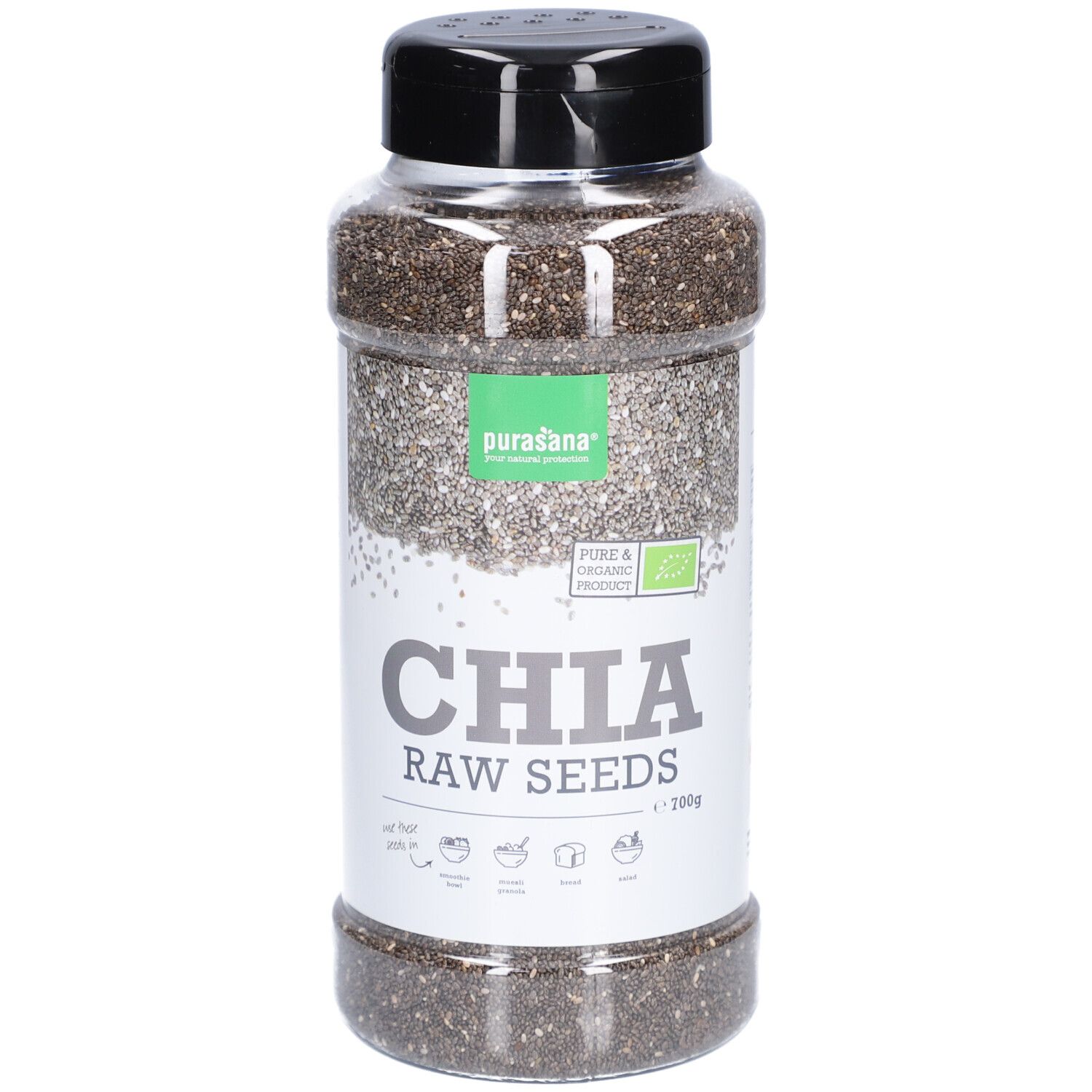 Boîte transparente de graines de chia. Couvercle noir. Inscription : Chia Raw Seeds, purasana, label bio.