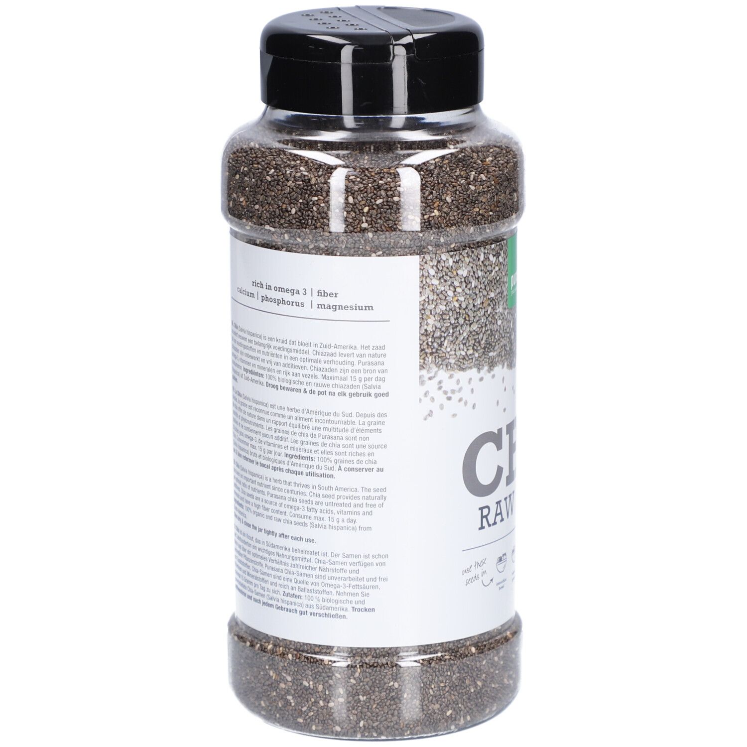 Dos d'une boîte transparente de graines de chia. Couvercle noir. Texte : informations nutritionnelles, ingrédients, purasana.