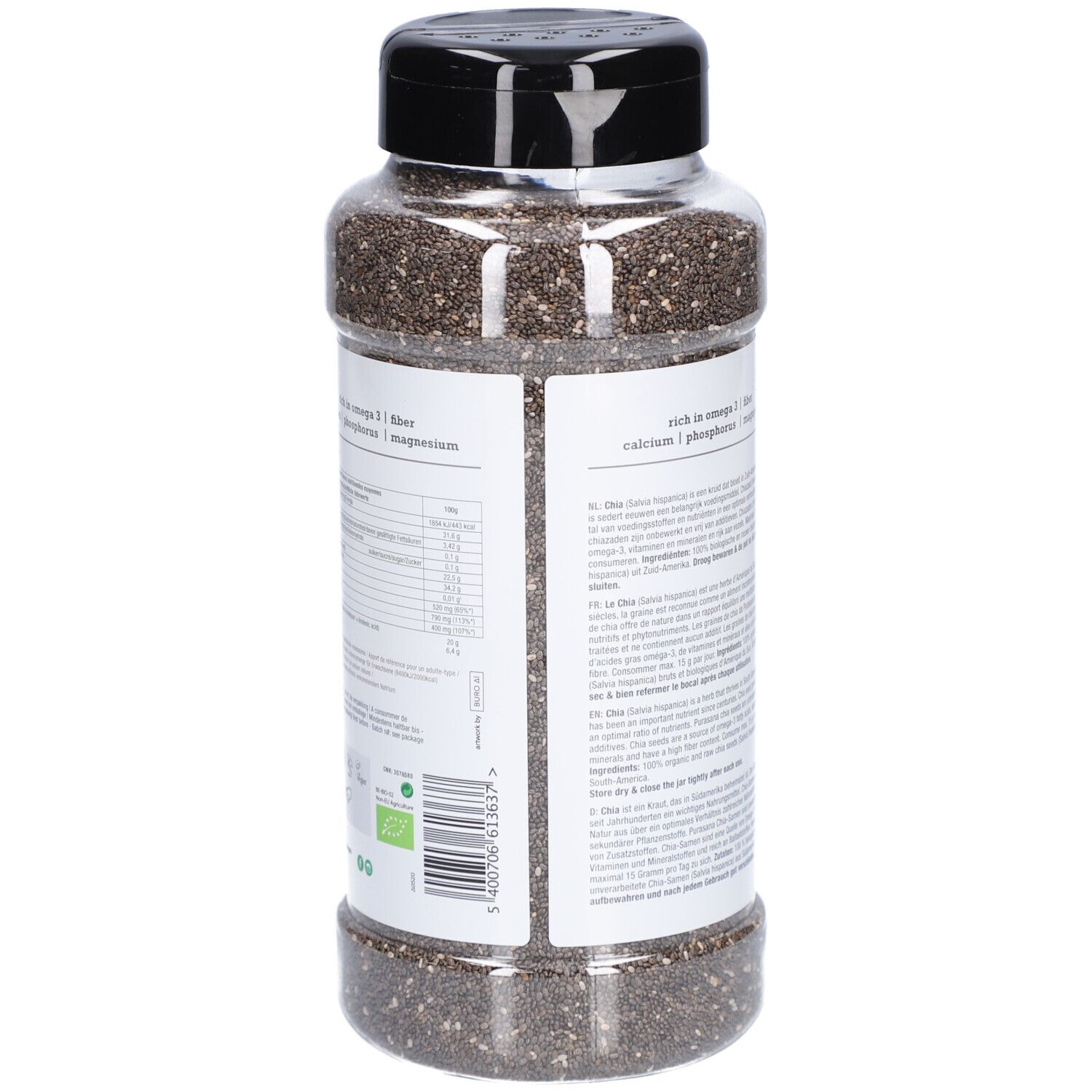 Dos d'une boîte transparente de graines de chia. Couvercle noir. Texte : informations nutritionnelles, ingrédients, purasana.