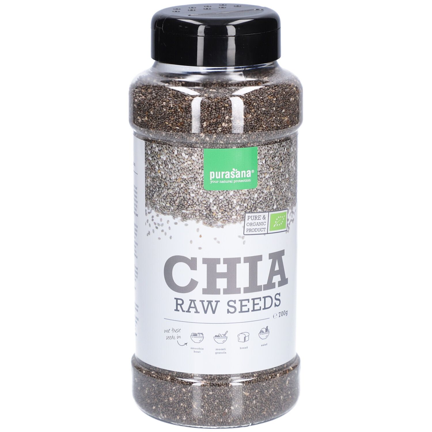 Boîte transparente de graines de chia. Couvercle noir. Inscription : Chia Raw Seeds, purasana, label bio.