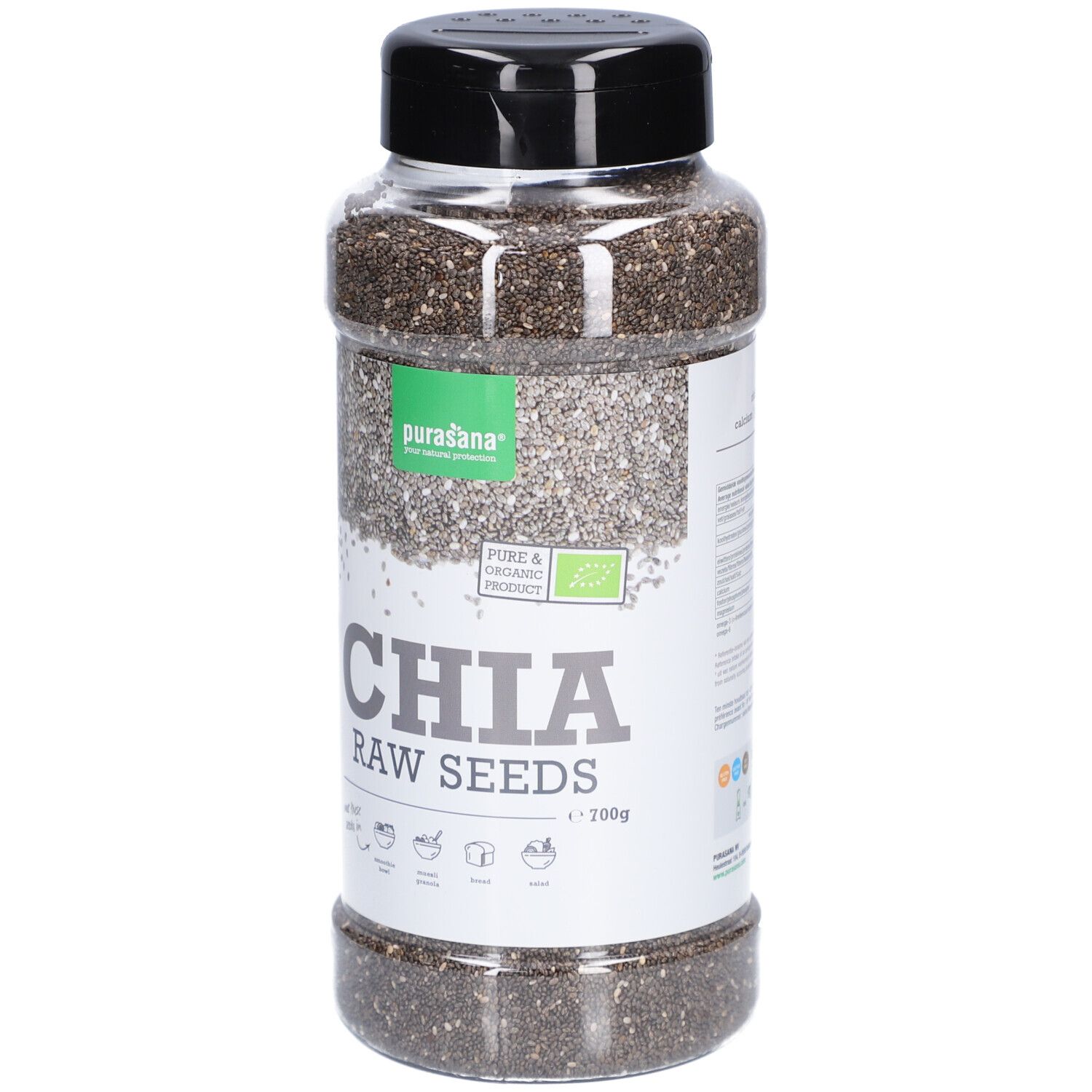 Boîte transparente de graines de chia. Couvercle noir. Inscription : Chia Raw Seeds, purasana, label bio.