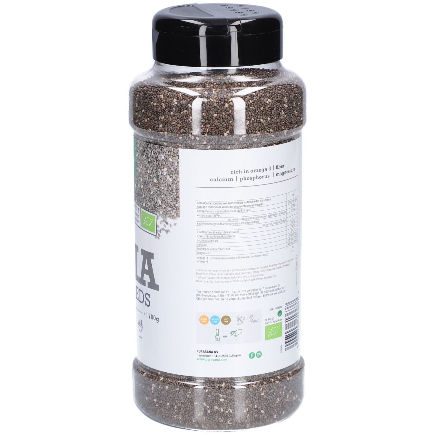 Dos d'une boîte transparente de graines de chia. Couvercle noir. Texte : informations nutritionnelles, ingrédients, purasana.