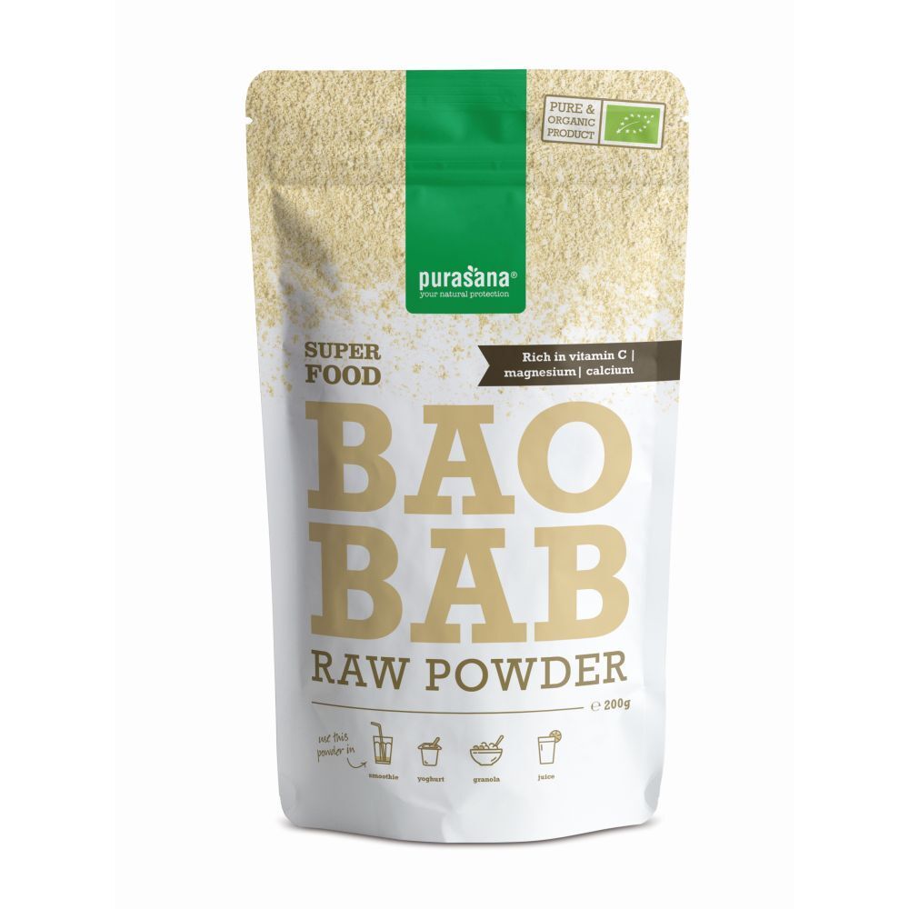 Sachet de purasana® BAO BAB RAW POWDER. Emballage vert et blanc avec nom du produit et label bio.