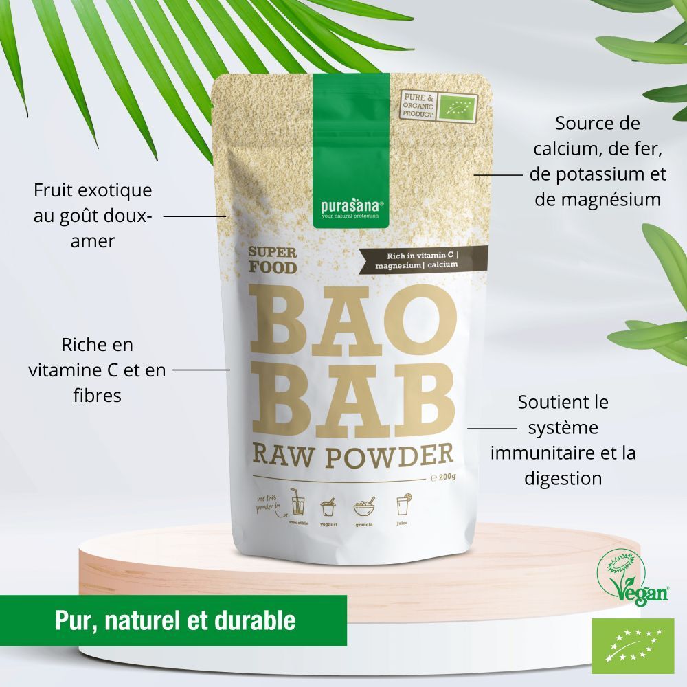 Emballage purasana® BAO BAB RAW POWDER. Texte avec ingrédients et label Vegan. Fond avec feuilles.