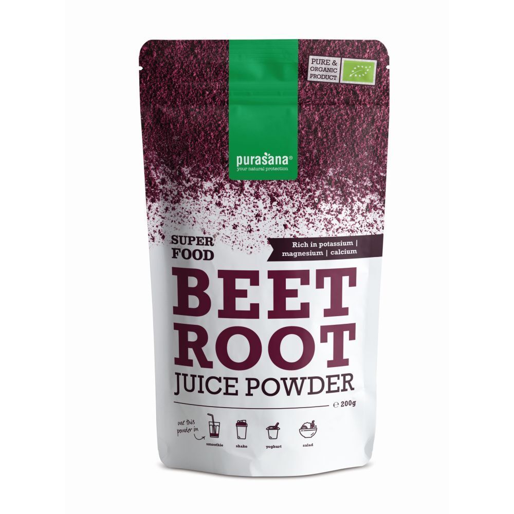 Sachet de poudre de jus de betterave purasana®. Inscription : Superfood, Beet Root Juice Powder. Label bio.