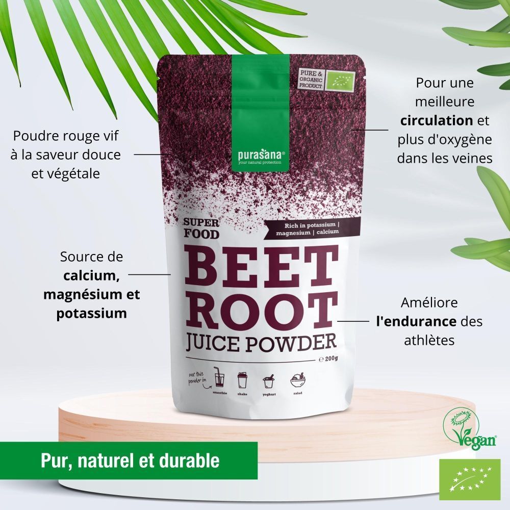 Sachet de poudre de jus de betterave purasana®. Texte : Superfood, Beet Root Juice Powder. Label vegan. Utilisation : smoothies, shakes, yaourt, salade.