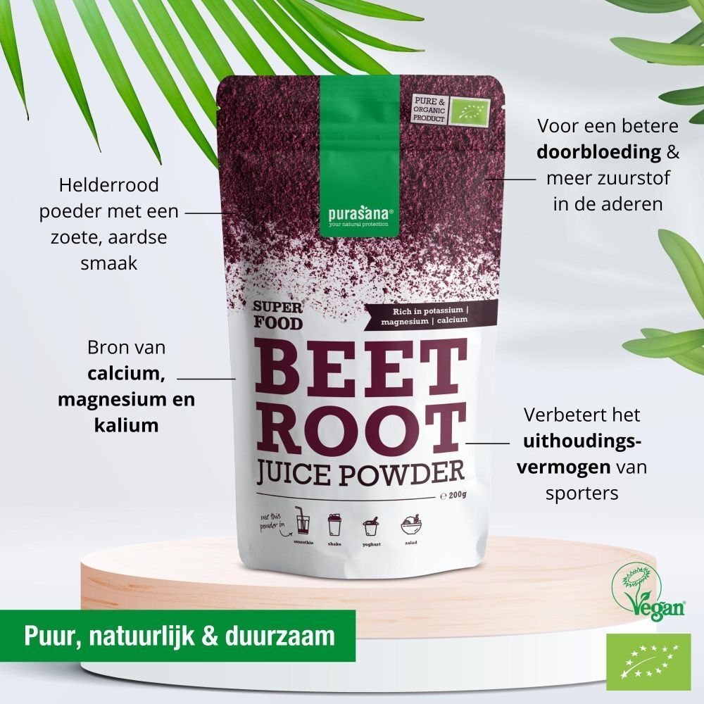 Zakje purasana® Bietenrood Sappoeder. Tekst: Superfood, Beet Root Juice Powder. Vegan-keurmerk. Gebruik: smoothies, shakes, yoghurt, salade.