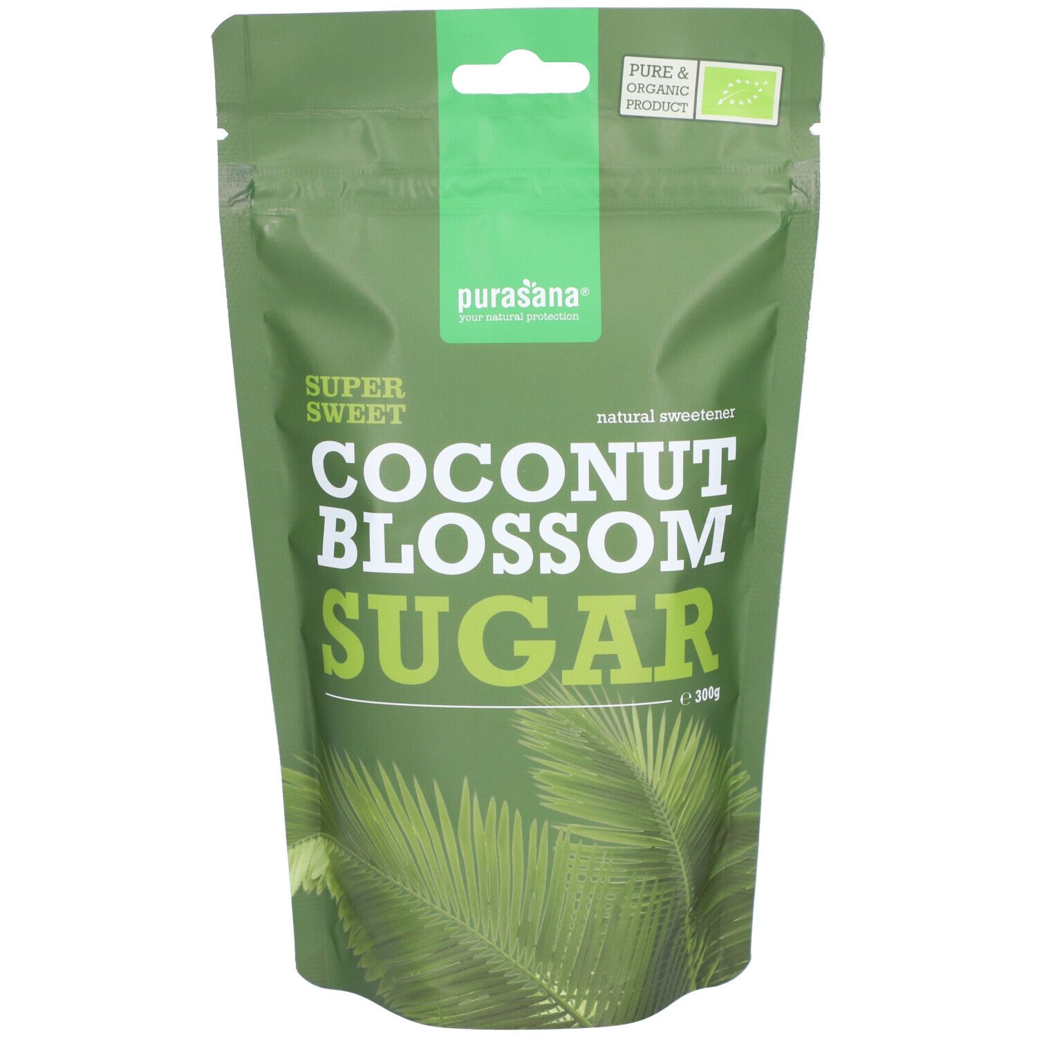 Groene zak met "Coconut Blossom Sugar". "Purasana" en bio-label bovenaan. Illustratie van palmbladeren.
