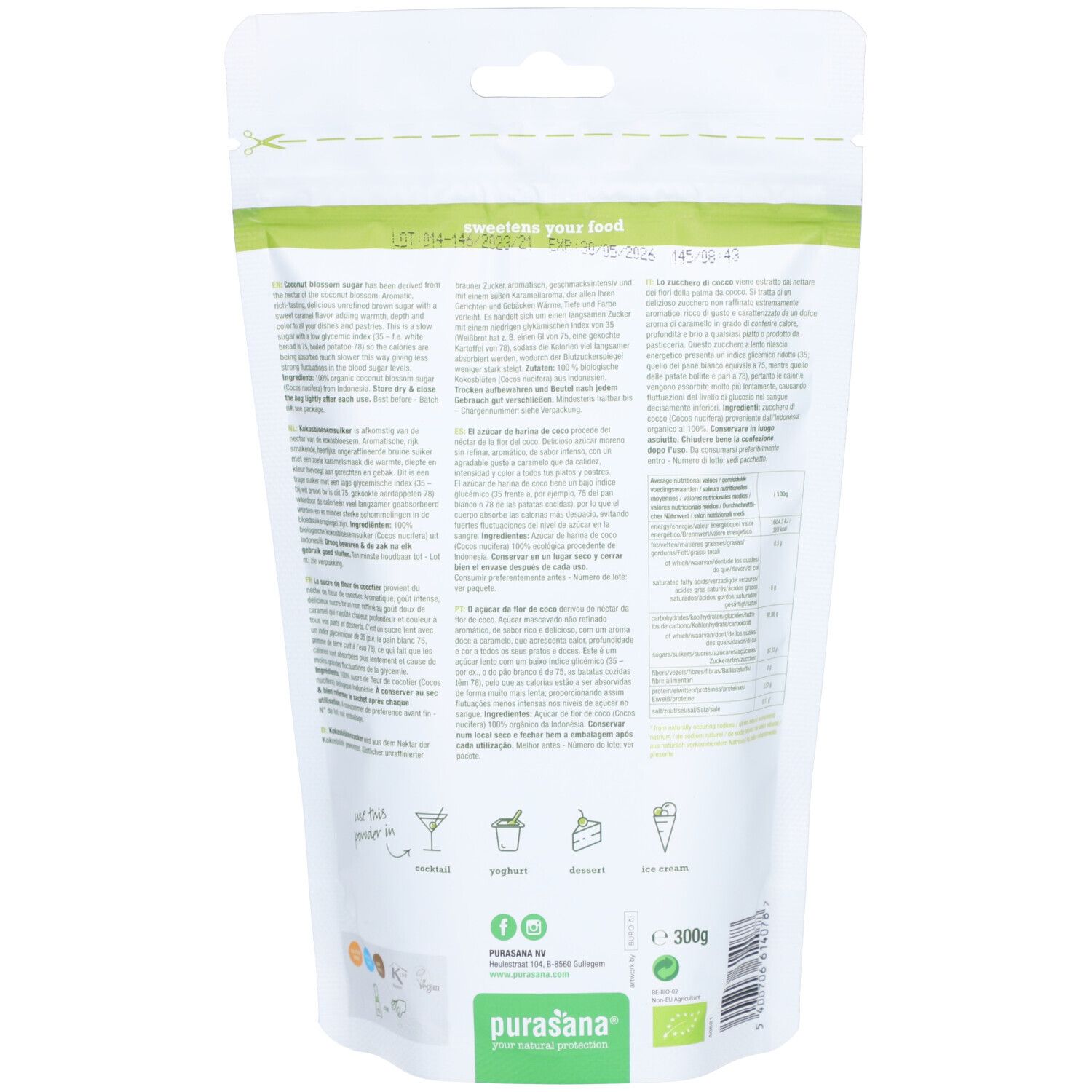 Achterkant van de zak. Tekst in meerdere talen. Bio-label en "Purasana" logo onderaan. Inhoud: 300g.