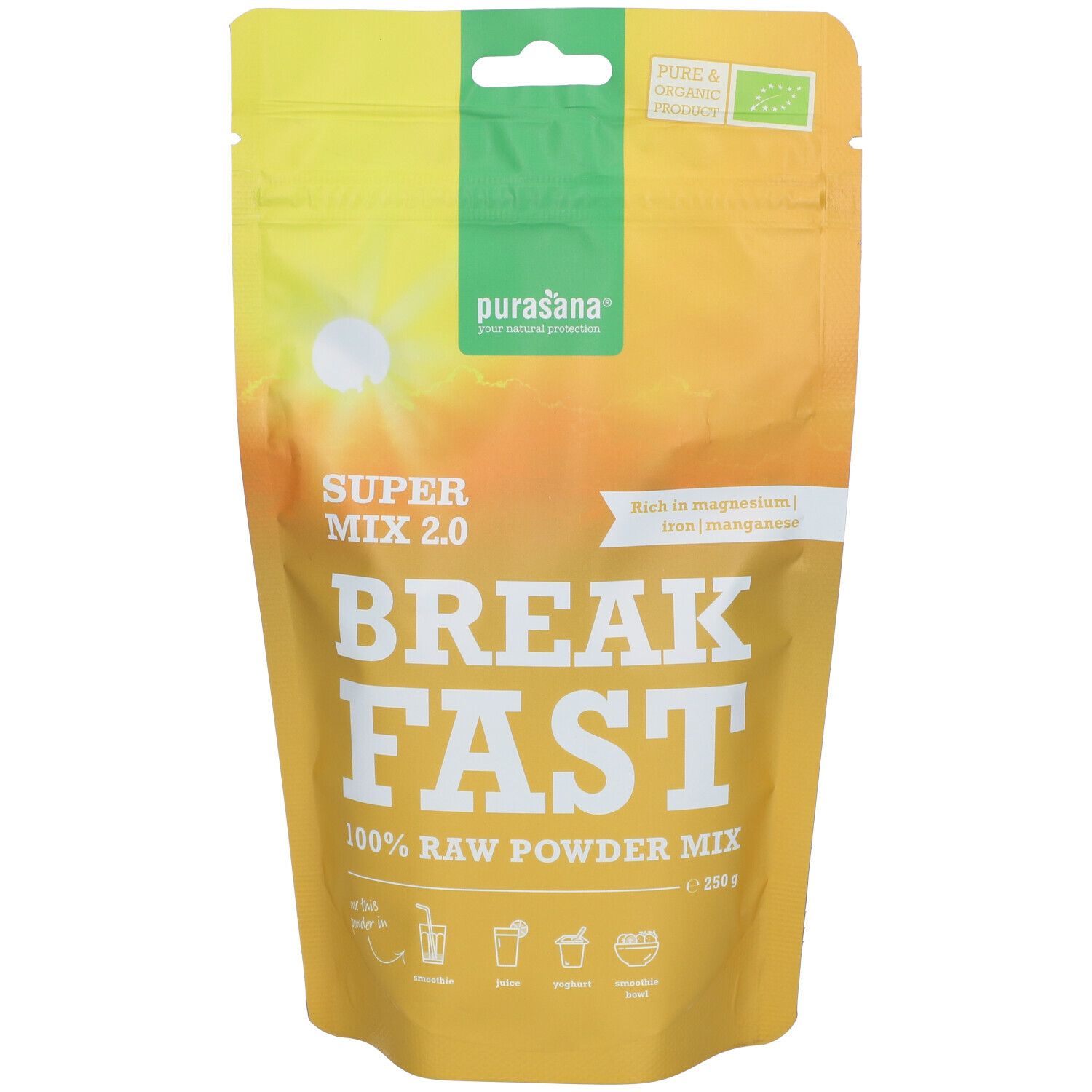 Gele zak met "Purasana" logo en "Super Mix 2.0 Breakfast" opdruk. Bevat rauw poeder. Bio-keurmerk.