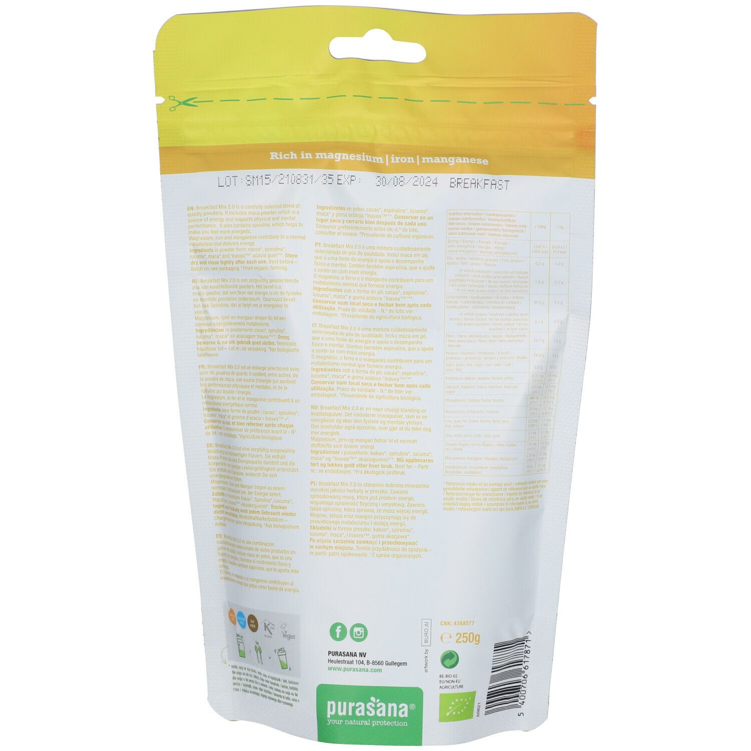Achterkant van de gele zak met tekst en bio-keurmerk. Bevat informatie over het product.
