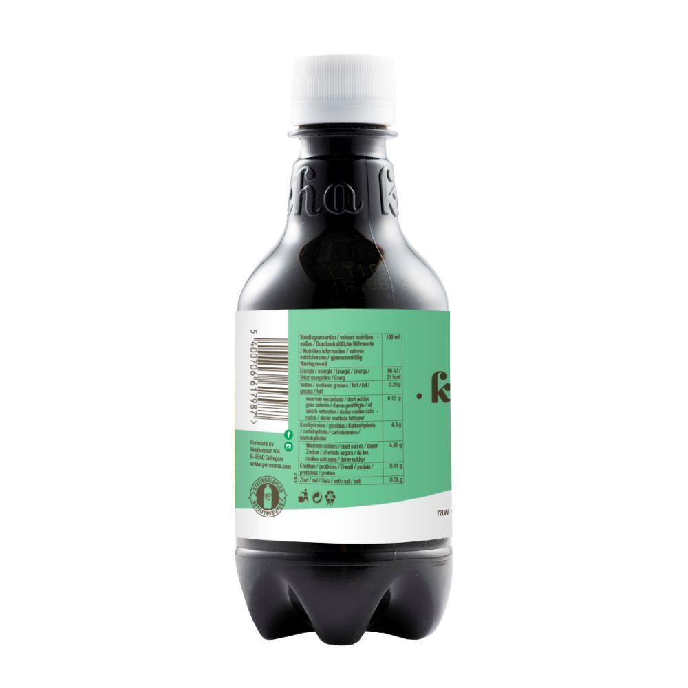 Bouteille sombre, bouchon blanc. Étiquette verte et blanche avec texte et code-barres. Label bio.
