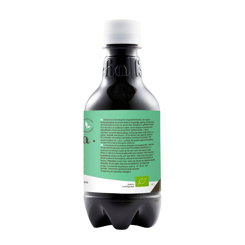 Bouteille sombre, bouchon blanc. Étiquette verte et blanche avec texte. Label bio.