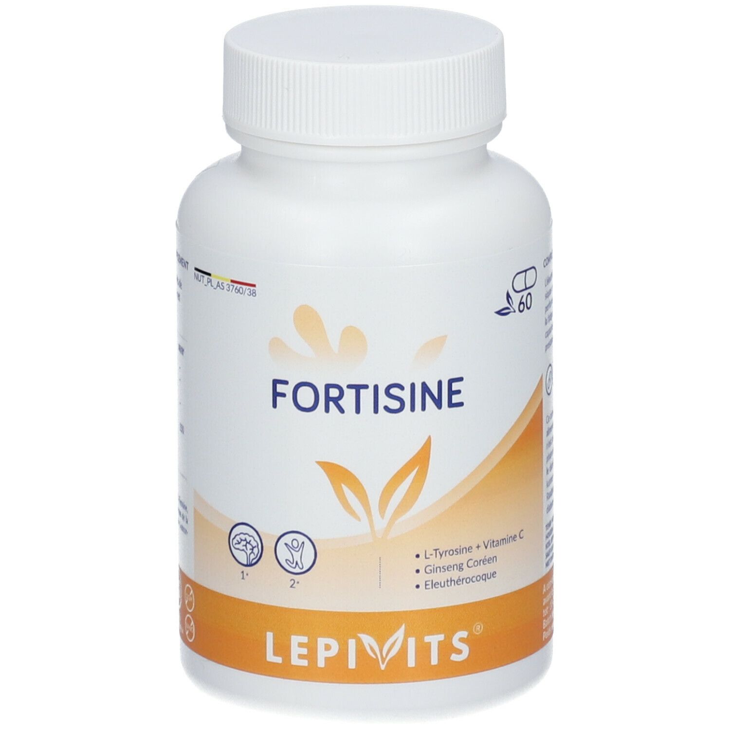 Witte fles met capsules FORTISINE. Bevat L-Tyrosine, Vitamine C, Ginseng en Eleutherococcus. Merk LEPIVITS.