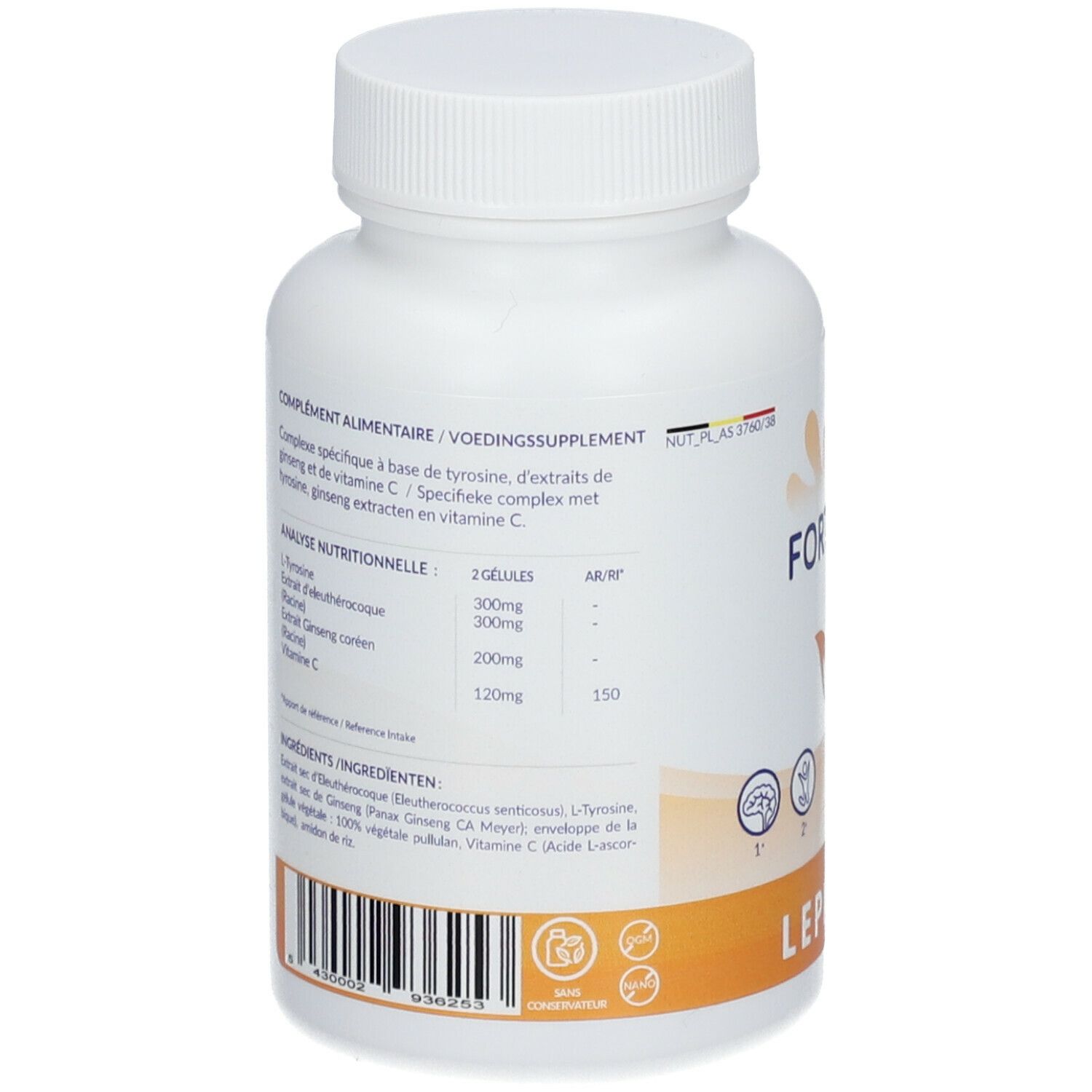 Achterkant van de witte fles met capsules. Bevat voedingsinformatie en ingrediënten. Merk LEPIVITS.