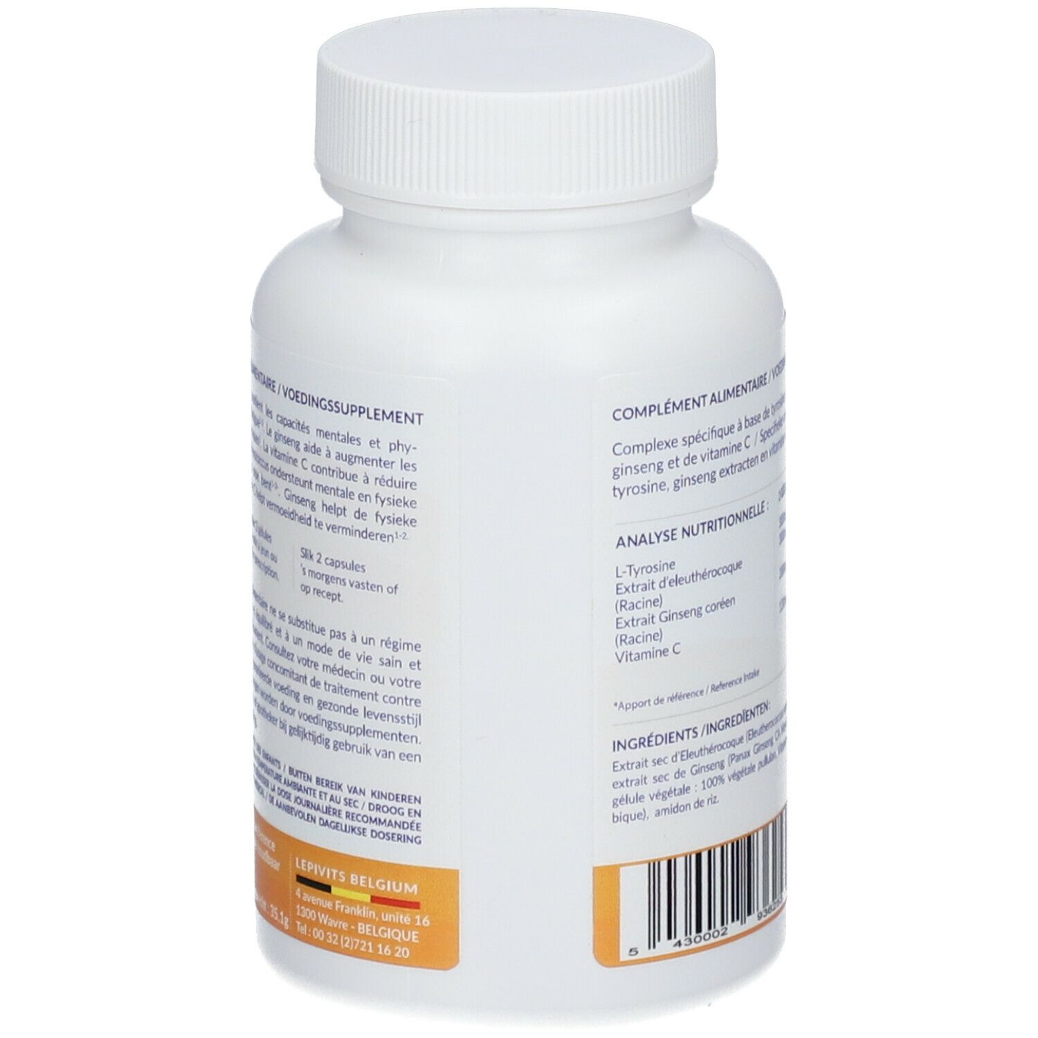 Achterkant van de witte fles met capsules. Tekst over gebruik en ingrediënten. Merk LEPIVITS.