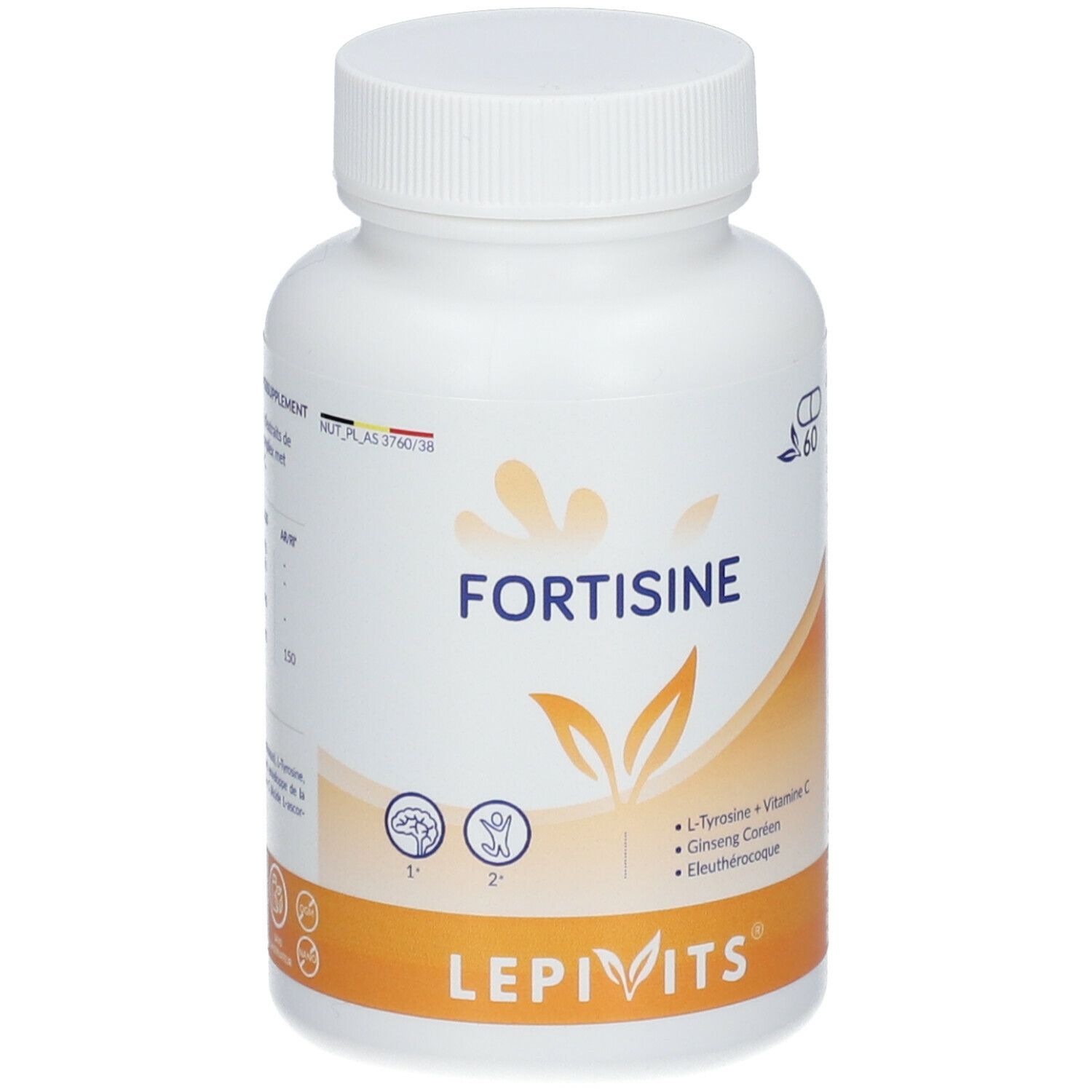 Witte fles met capsules FORTISINE. Bevat L-Tyrosine, Vitamine C, Ginseng en Eleutherococcus. Merk LEPIVITS.