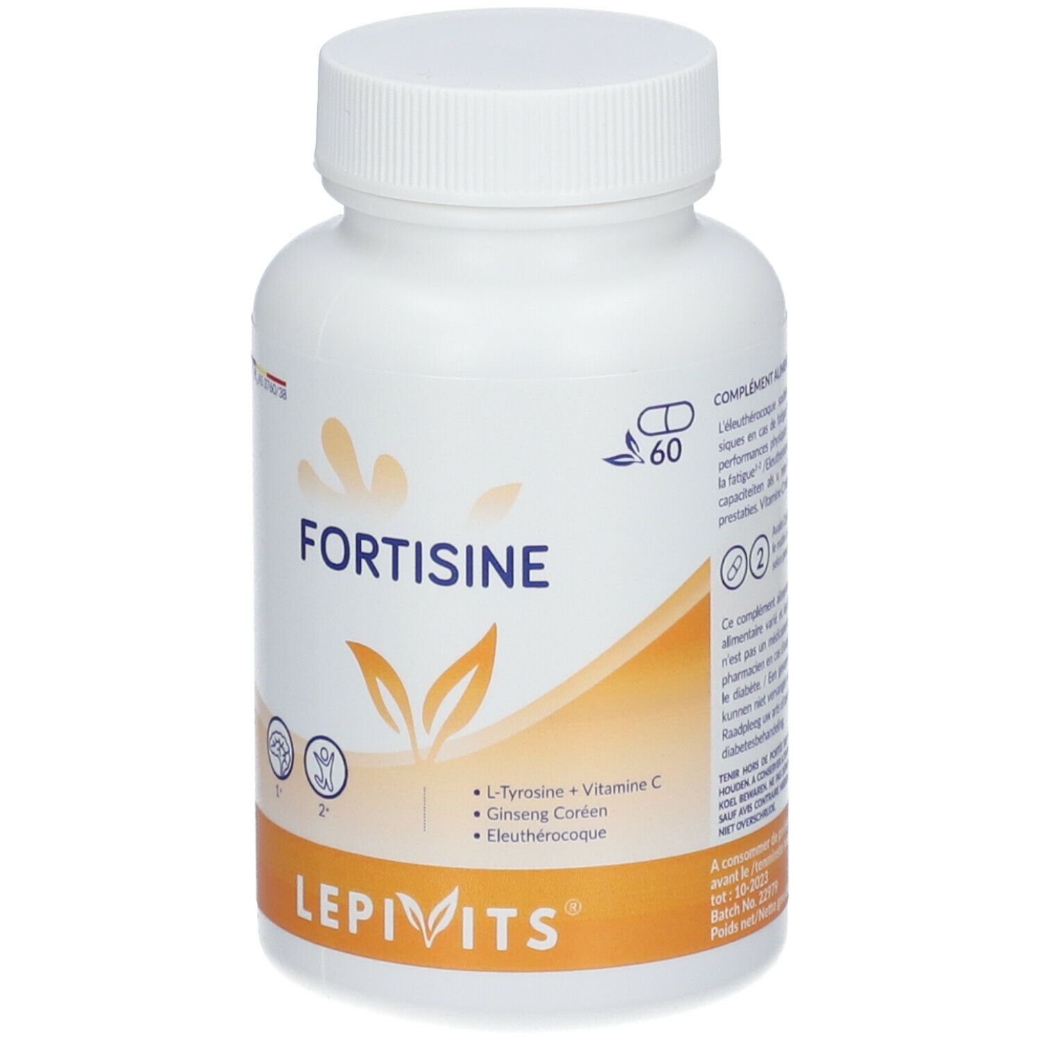 Witte fles met capsules FORTISINE. Bevat L-Tyrosine, Vitamine C, Ginseng en Eleutherococcus. Merk LEPIVITS.