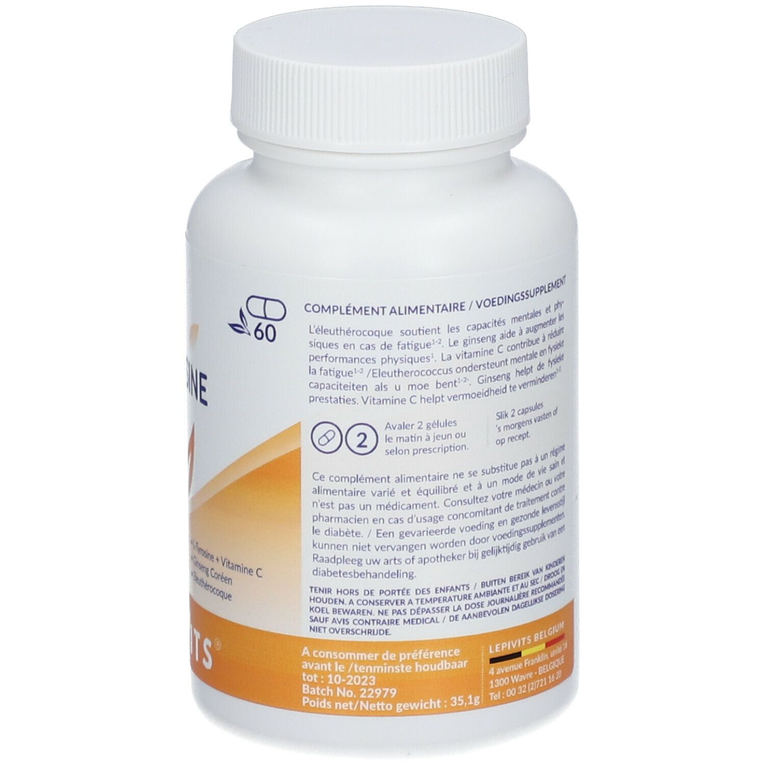 Achterkant van de witte fles met capsules. Bevat informatie over gebruik en ingrediënten. Merk LEPIVITS.