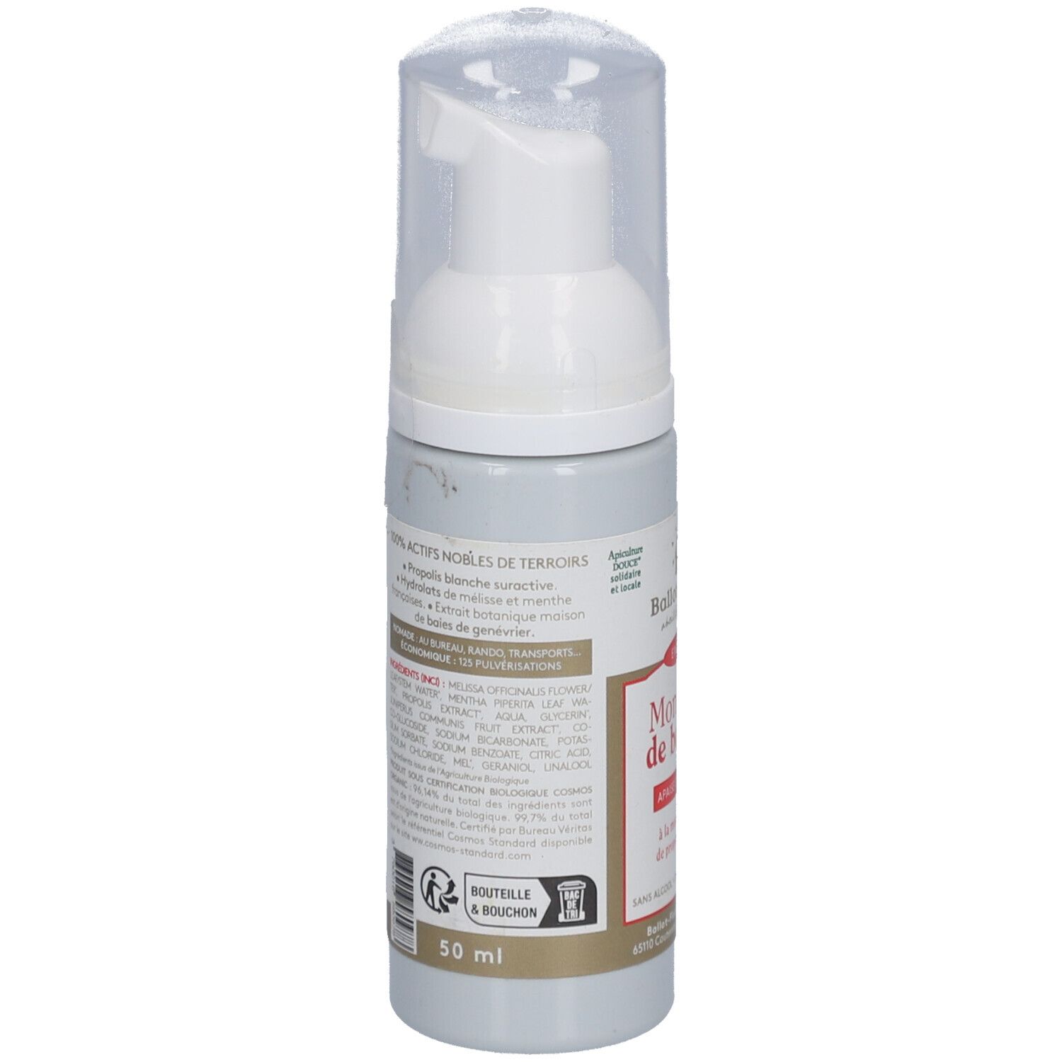 Rückseite der Flasche. Text: Inhaltsstoffe, 50 ml. Logo: Bouteille & Bouchon. Text: Ballot-Flurin. Mit Deckel.