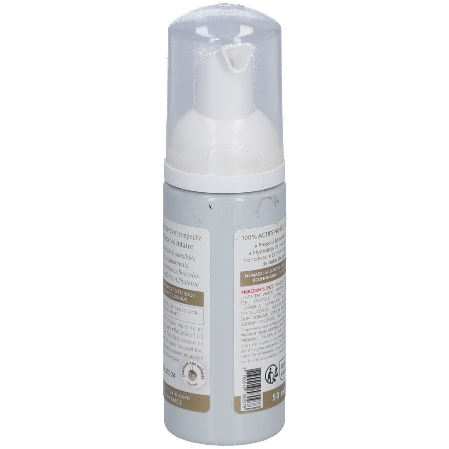 Rückseite der Flasche. Text: Inhaltsstoffe, 50 ml. Logo: Bouteille & Bouchon. Text: Ballot-Flurin. Mit Deckel.