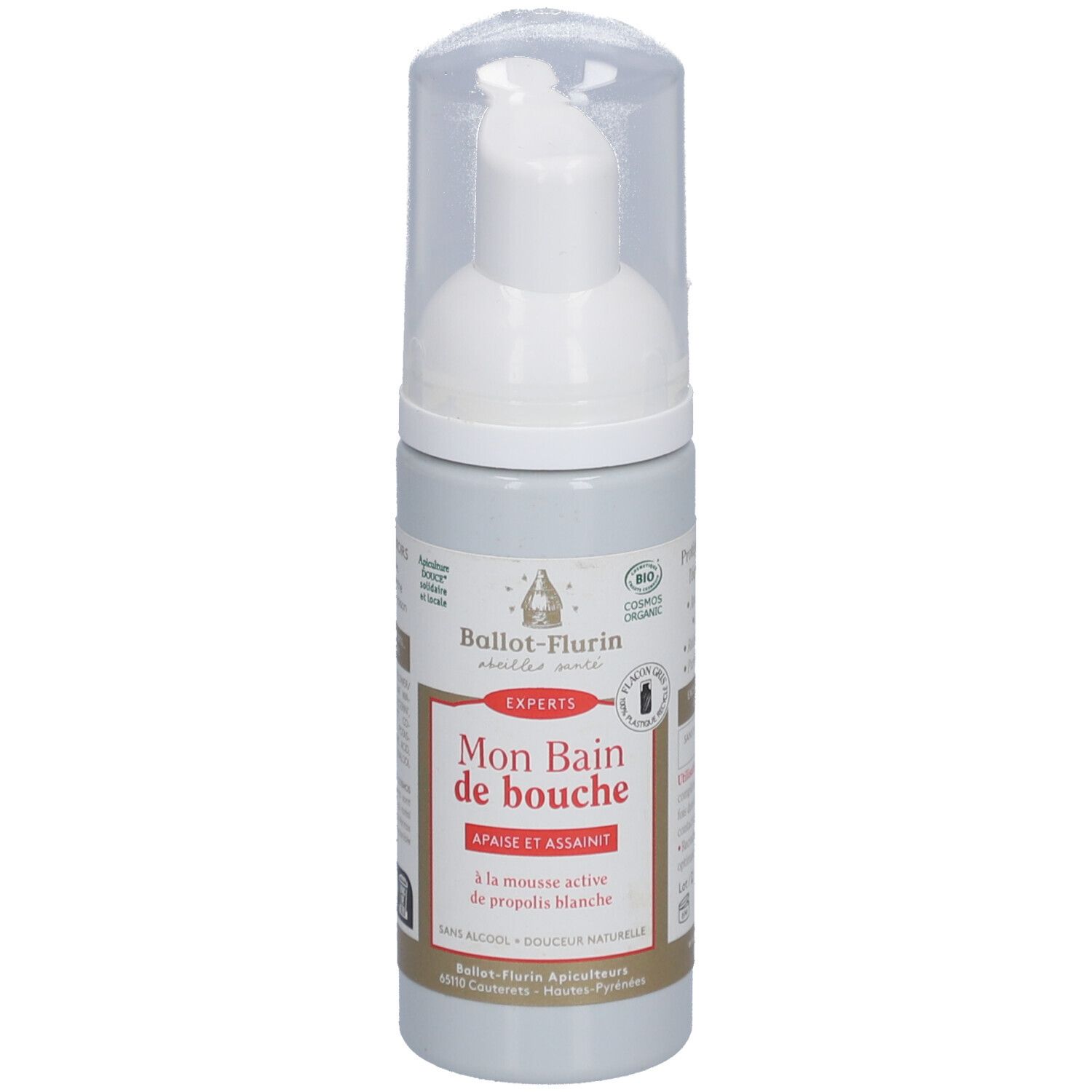 Flasche mit Pumpspender. Aufschrift: Mon Bain de Bouche. Logo: Ballot-Flurin. Mit Deckel. Bio-Zertifizierung.
