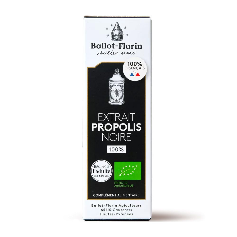 Boîte blanche avec étiquette noire. Texte : Extrait Propolis Noire, 100% Français, label bio.