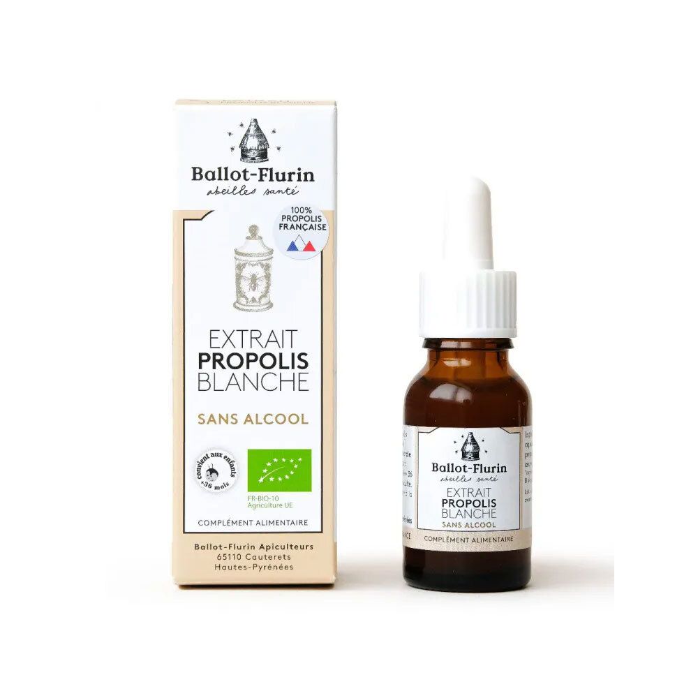 Emballage et flacon. Boîte avec texte : Extrait Propolis Blanche Sans Alcool. Marque : Ballot-Flurin. Flacon avec compte-gouttes.