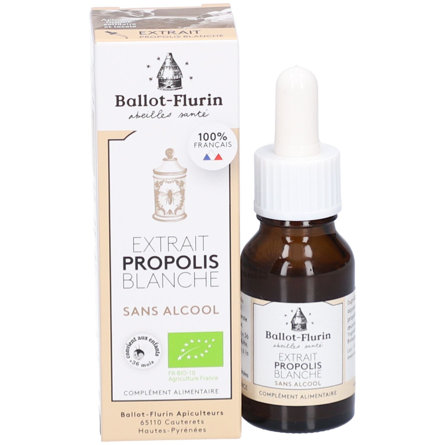 Emballage et flacon. Boîte avec texte : Extrait Propolis Blanche Sans Alcool. Marque : Ballot-Flurin. Flacon avec compte-gouttes.