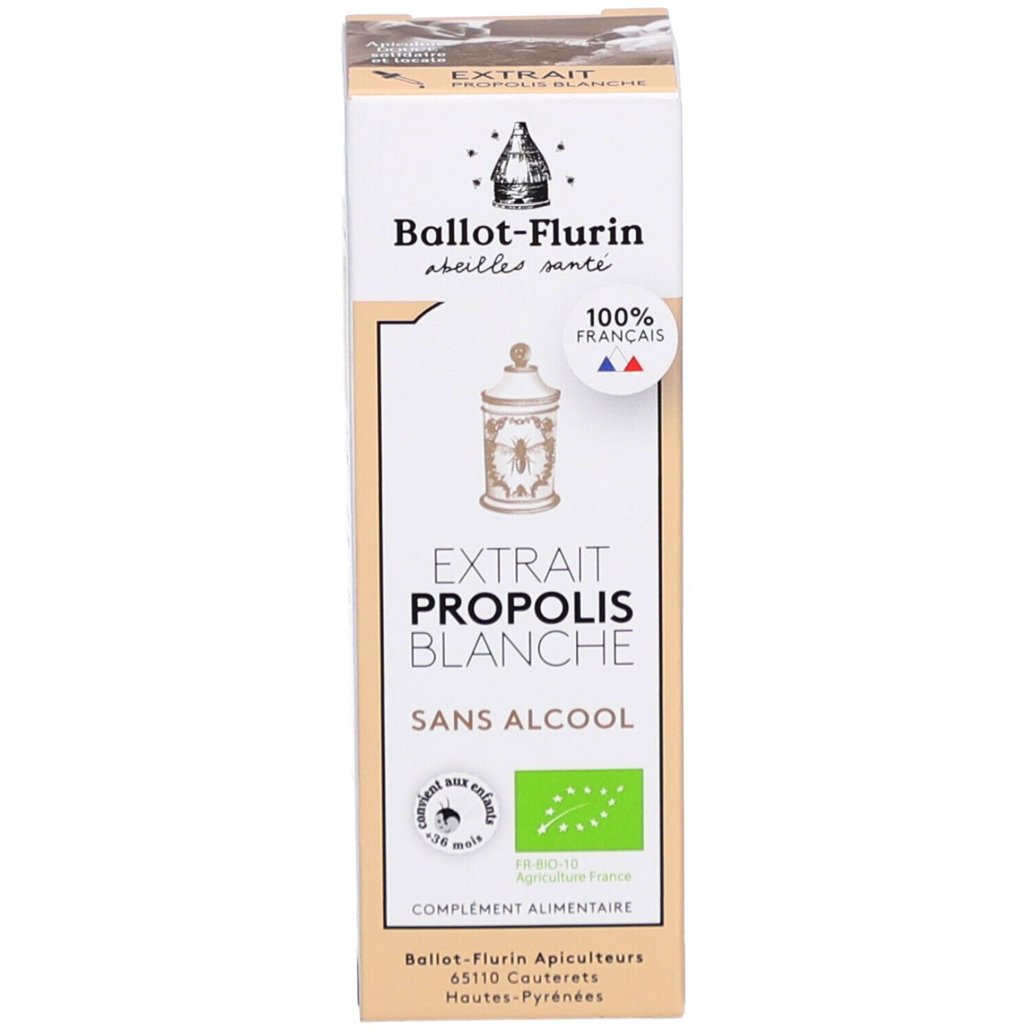 Emballage du produit. Boîte avec texte : Extrait Propolis Blanche Sans Alcool. Marque : Ballot-Flurin. Avec logo et certifications.