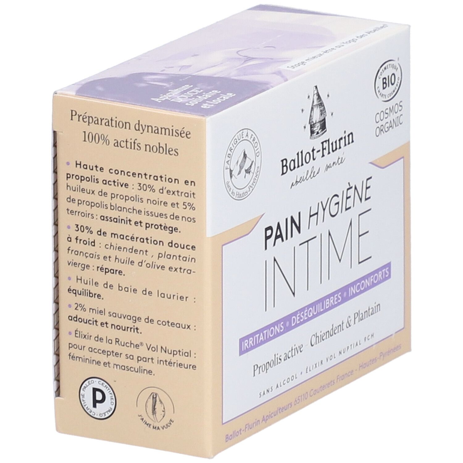 Verpakking Ballot-Flurin Pain Hygiène Intime. Ingrediënten: Propolis active, Chiendent & Plantain. Bio-certificering. Gedetailleerde weergave met info.