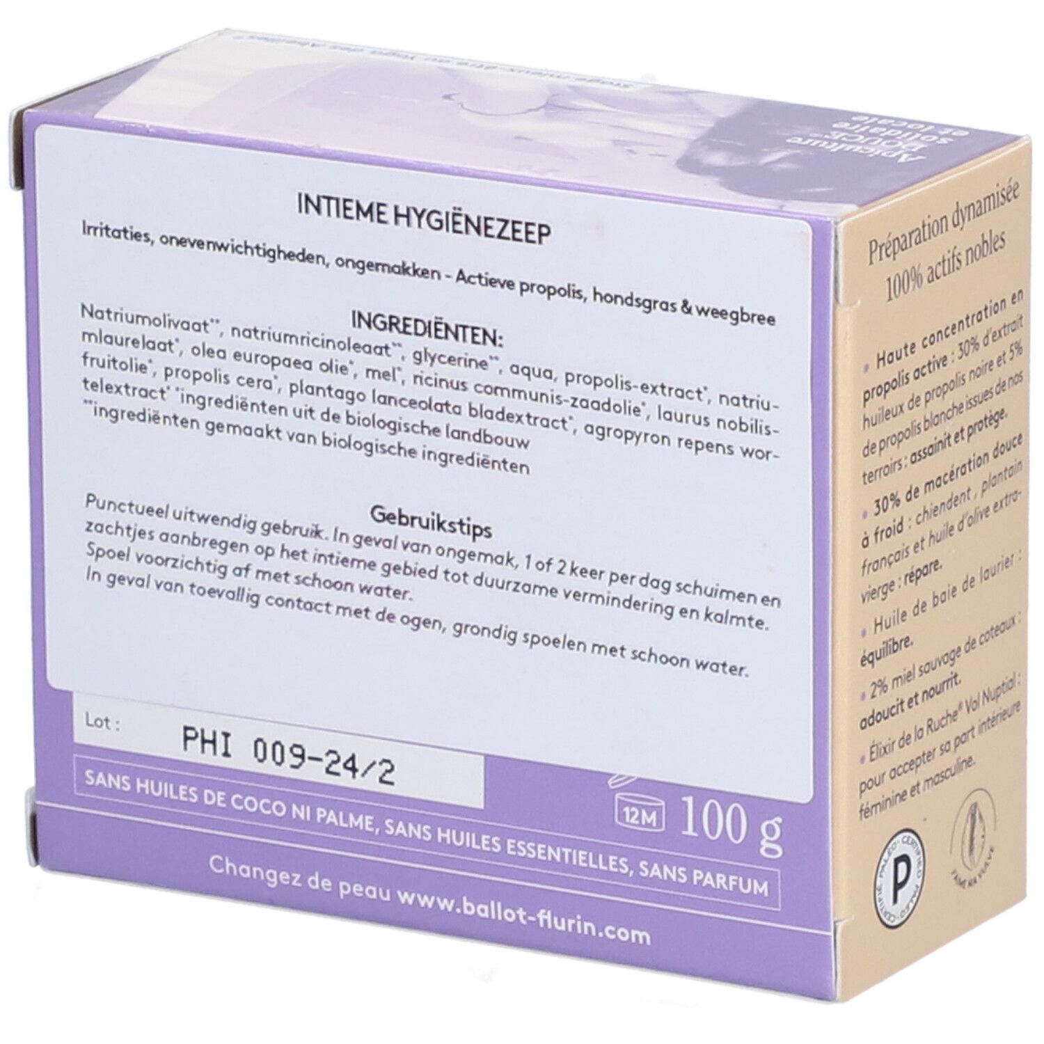 Achterkant verpakking. Tekst: Intieme Hygiënezeep. Ingrediënten, gebruiksaanwijzing, 100 g. Merk: Ballot-Flurin. Bio-gecertificeerd.