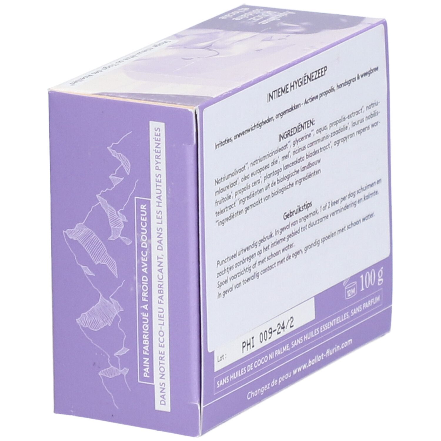 Verpakking Ballot-Flurin Pain Hygiène Intime. Tekst: Intieme Hygiënezeep. 100 g. Merk: Ballot-Flurin. Bio-gecertificeerd. Zijaanzicht.