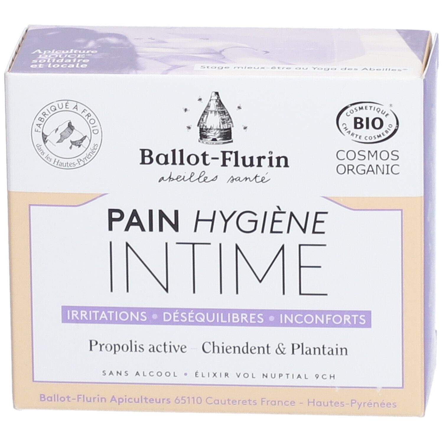Verpakking Ballot-Flurin Pain Hygiène Intime. Tekst: Irritaties, Déséquilibres, Inconforts. Merk: Ballot-Flurin. Bio-gecertificeerd.