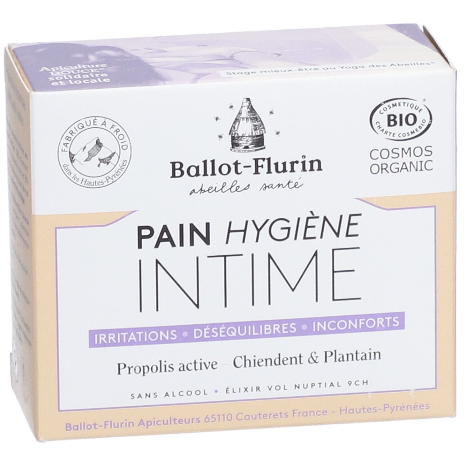 Verpakking Ballot-Flurin Pain Hygiène Intime. Tekst: Irritaties, Déséquilibres, Inconforts. Merk: Ballot-Flurin. Bio-gecertificeerd.