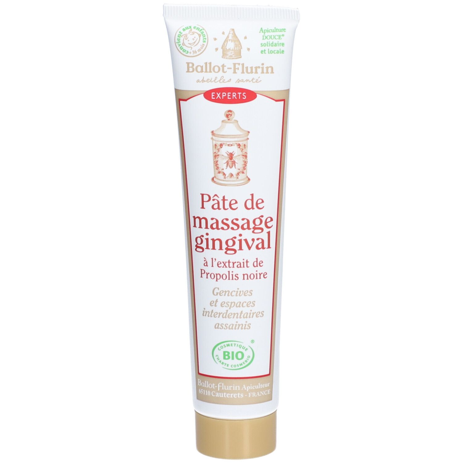 Tube de pâte de massage gingival. Blanc, texte rouge et doré. Certification bio.