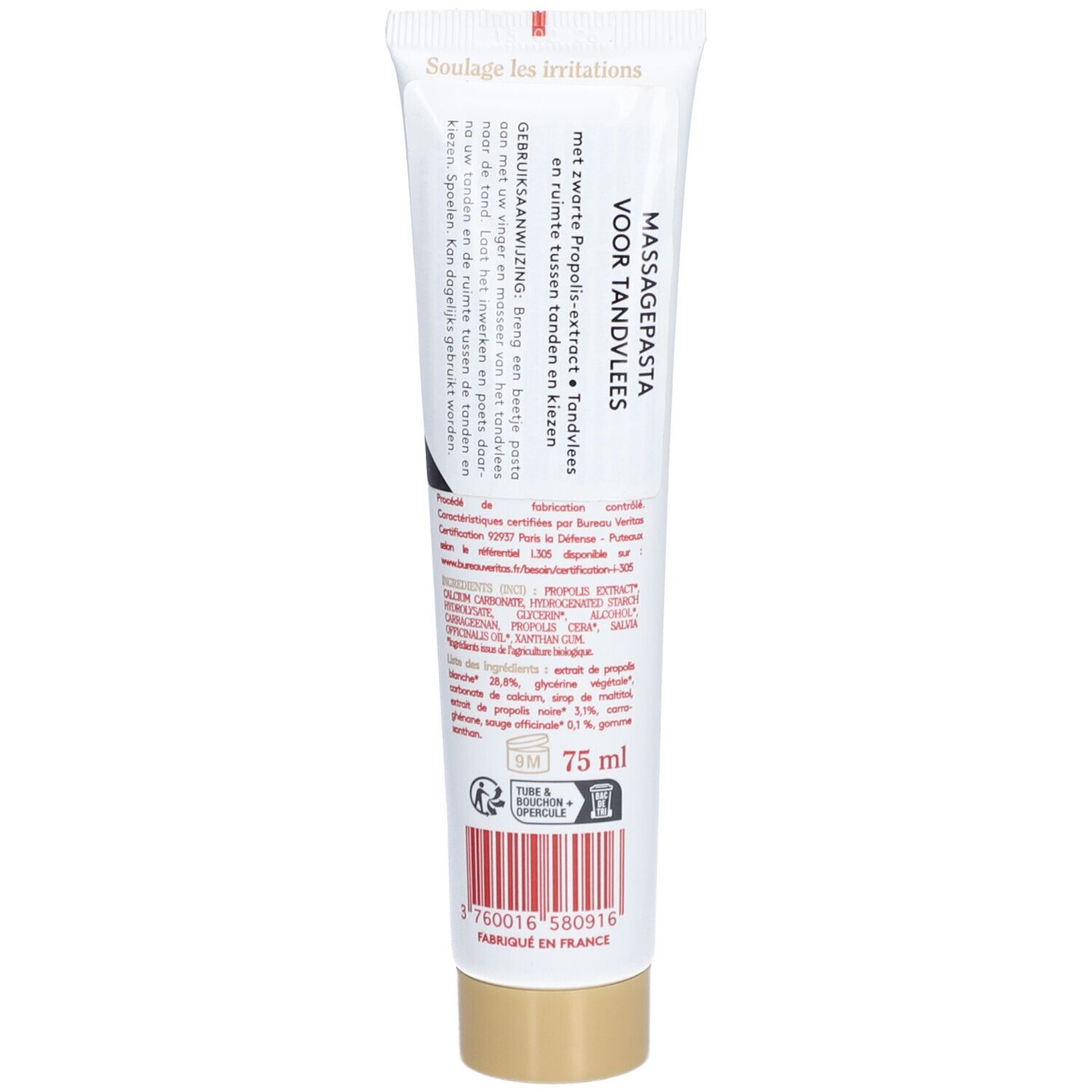 Dos du tube. Texte multilingue. Ingrédients et informations fabricant. 75 ml.