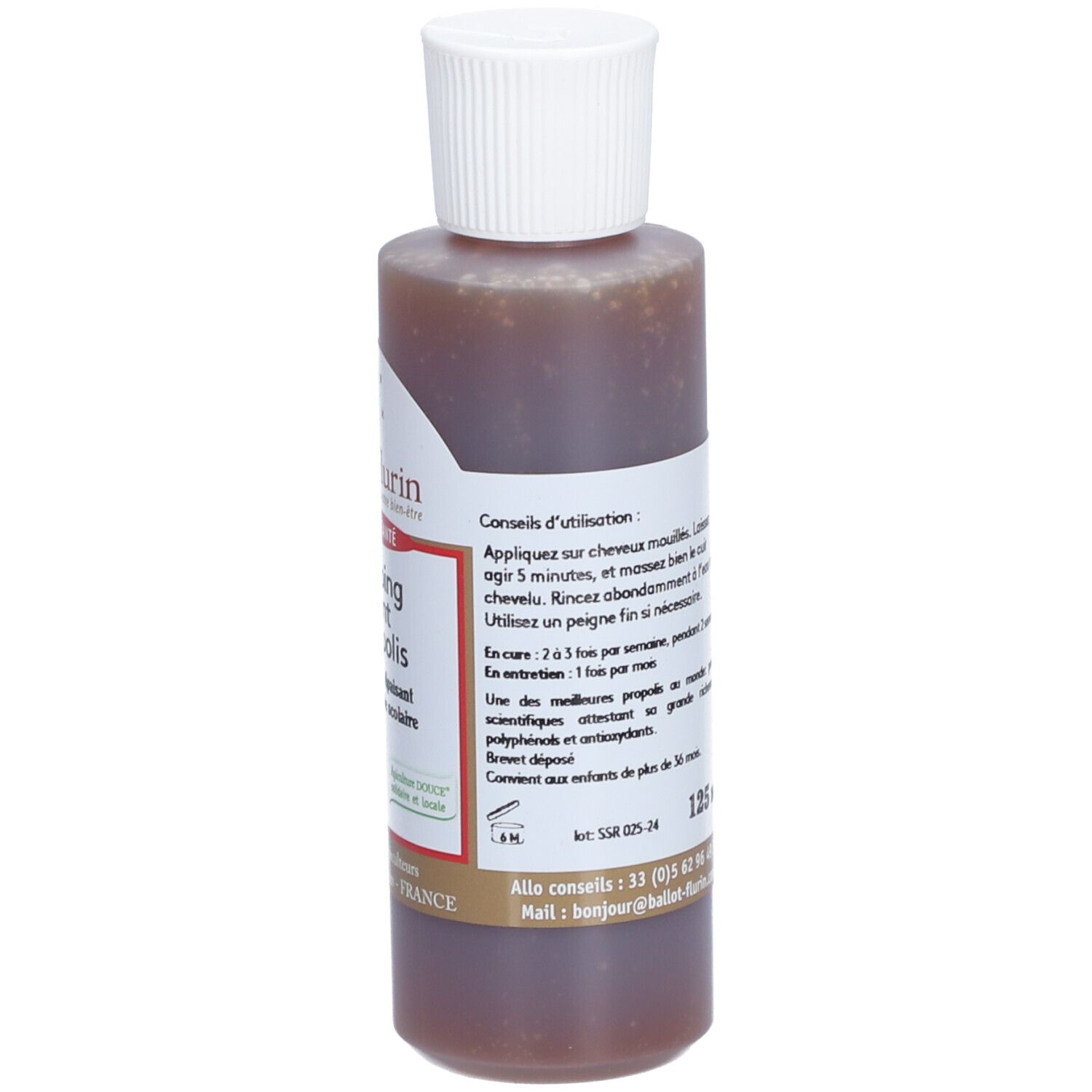 Braune Flasche mit weißem Deckel. Etikett mit Anwendungshinweisen und Text: Ballot-Flurin, Shampoing traitant à la propolis. 125 ml.