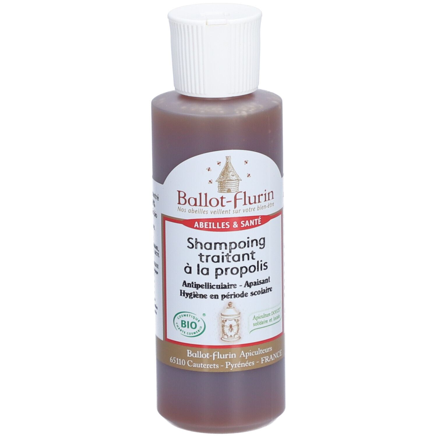 Braune Flasche mit weißem Deckel. Etikett mit Text: Ballot-Flurin, Shampoing traitant à la propolis. Bio-Zertifizierung.