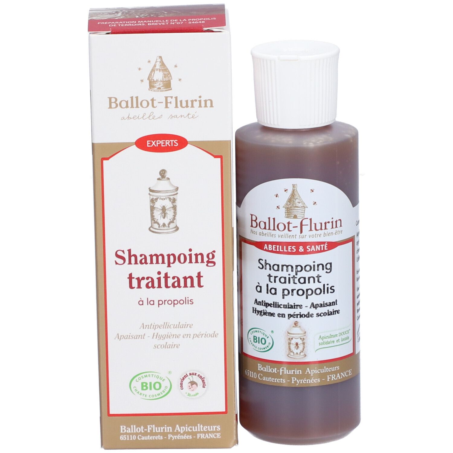 Braune Flasche mit weißem Deckel und Karton. Auf dem Karton: Ballot-Flurin, Shampoing traitant à la propolis. Bio-Zertifizierung.