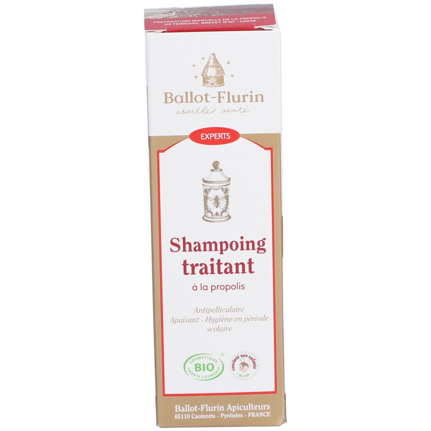 Karton mit Text: Ballot-Flurin, Shampoing traitant à la propolis. Bio-Zertifizierung.