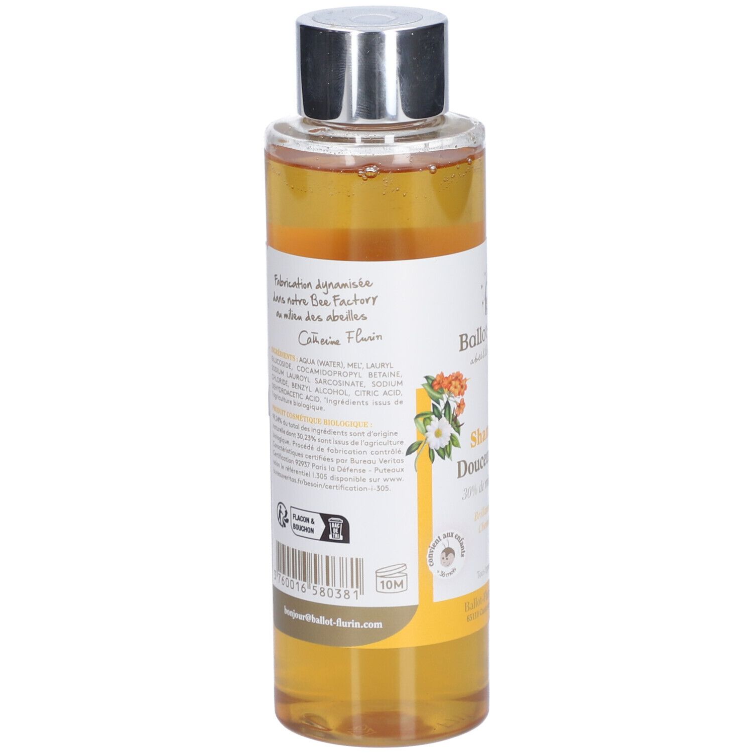 Rückseite der Shampoo-Flasche. Text mit Inhaltsstoffen und Herstellerinformationen. Gelber Hintergrund.