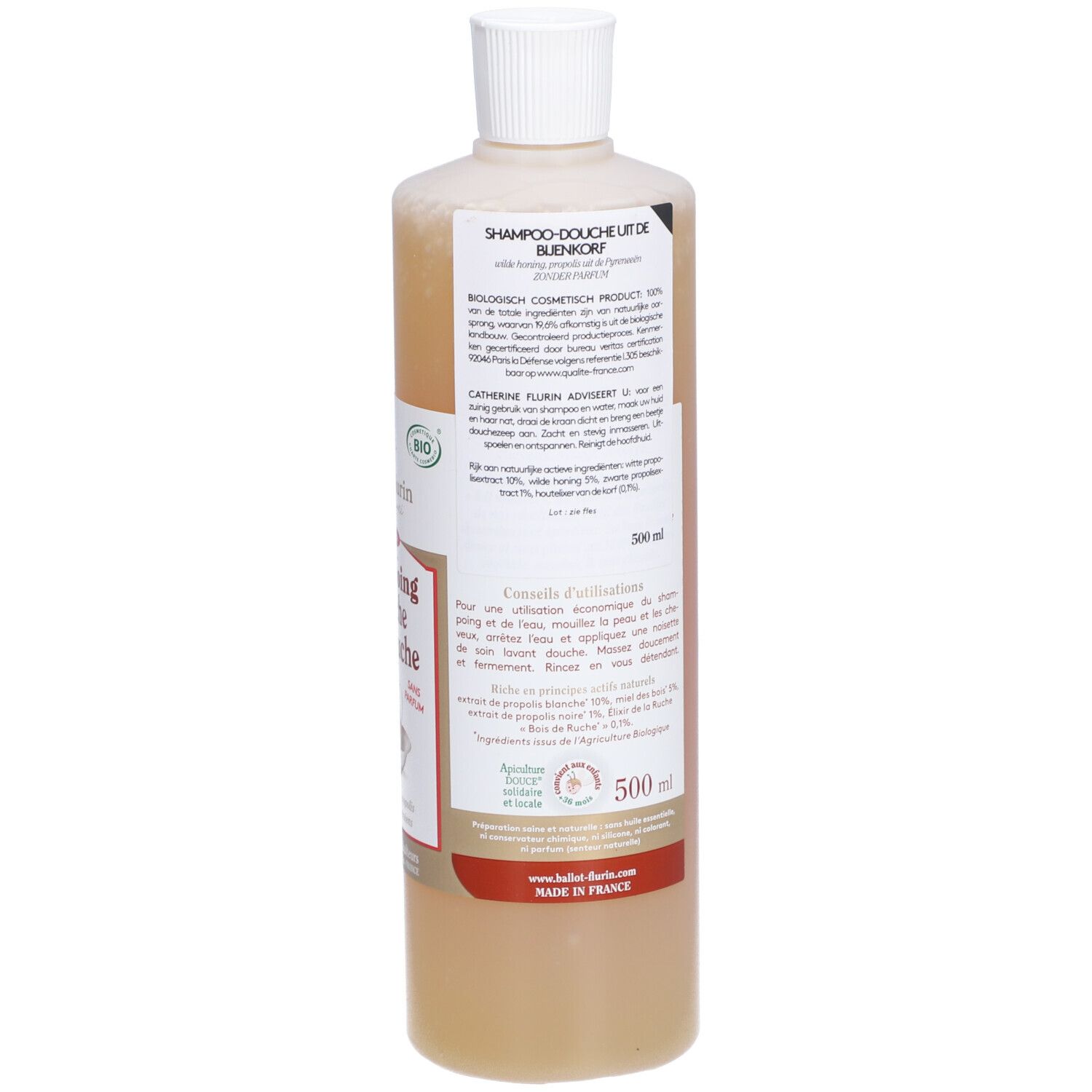 Dos du flacon. Étiquette avec texte et ingrédients. 500 ml. Certification bio. Fabriqué en France.