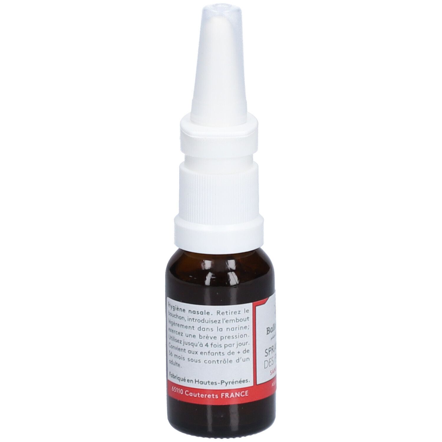 Bruine glazen fles met witte spraykop. Label met Franse tekst. Gemaakt in Frankrijk.