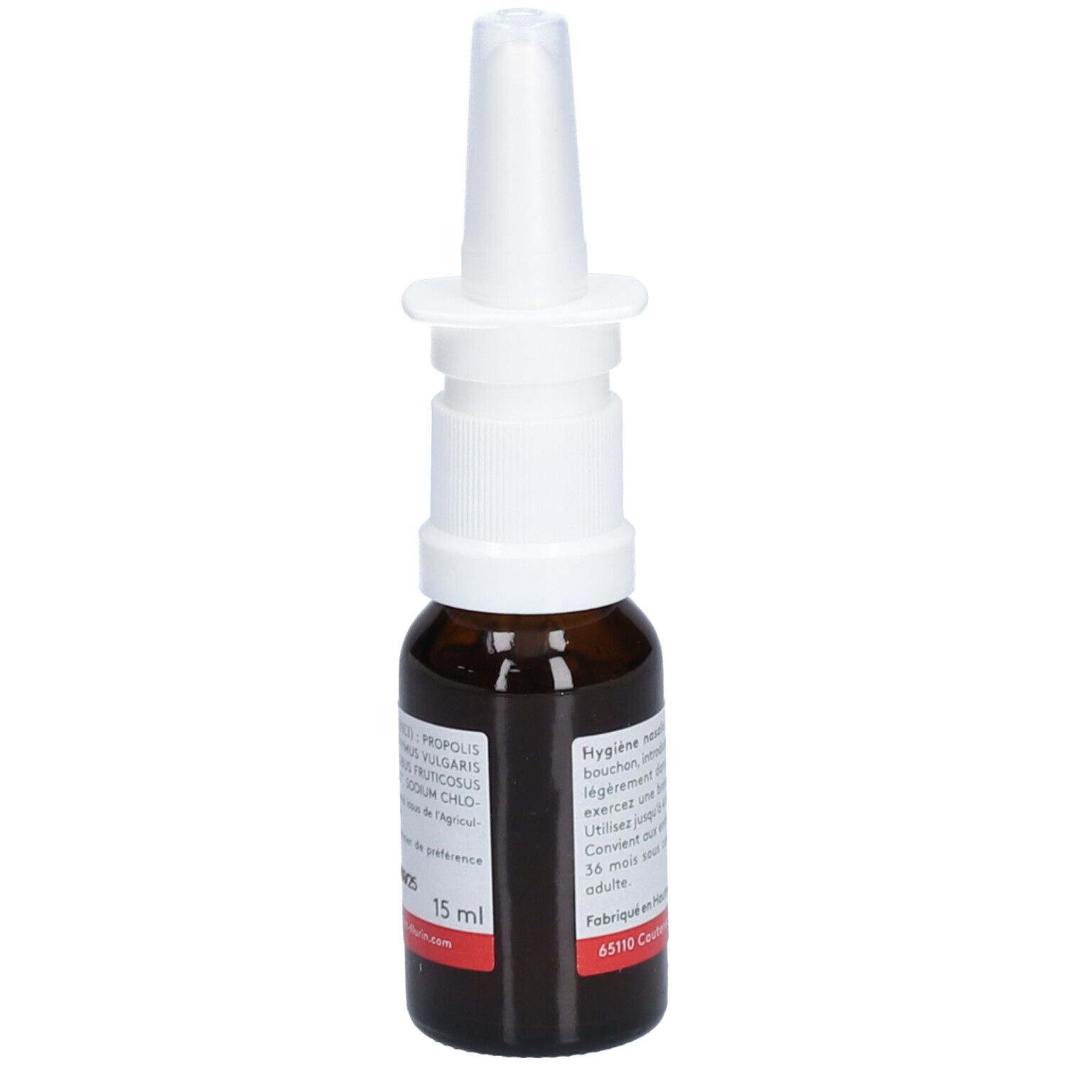 Bruine glazen fles met witte spraykop. Label met ingrediënten en volume van 15 ml.