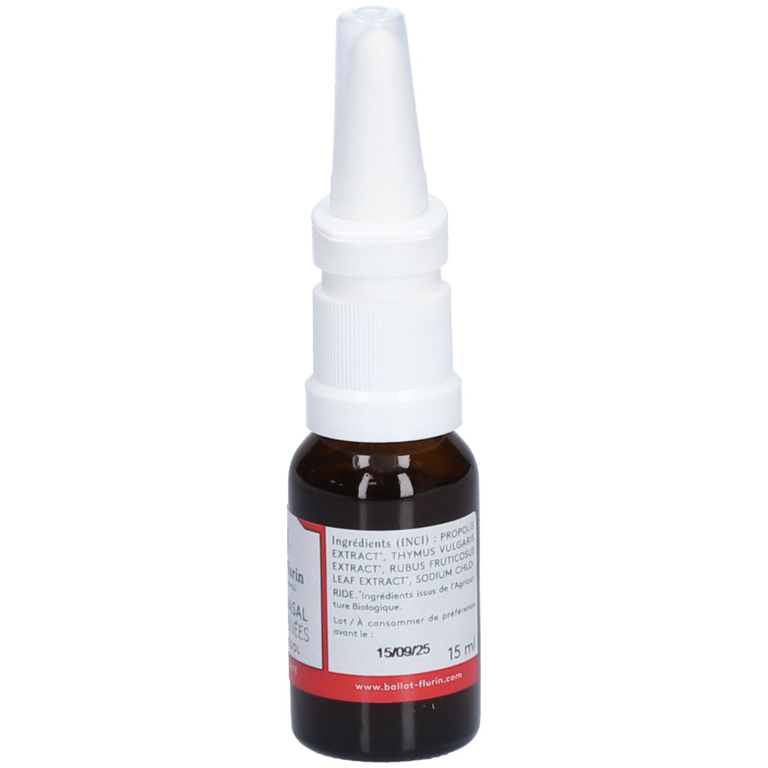 Bruine glazen fles met witte spraykop. Label met ingrediënten en vervaldatum.