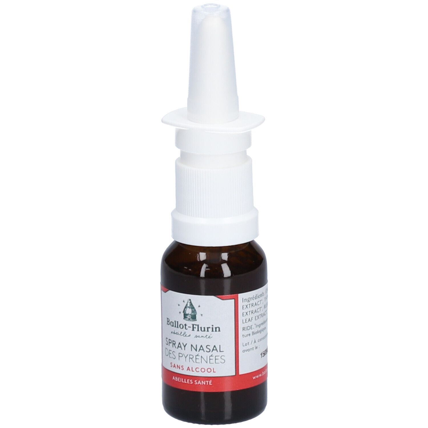 Bruine glazen fles met witte spraykop. Label met productnaam en logo.