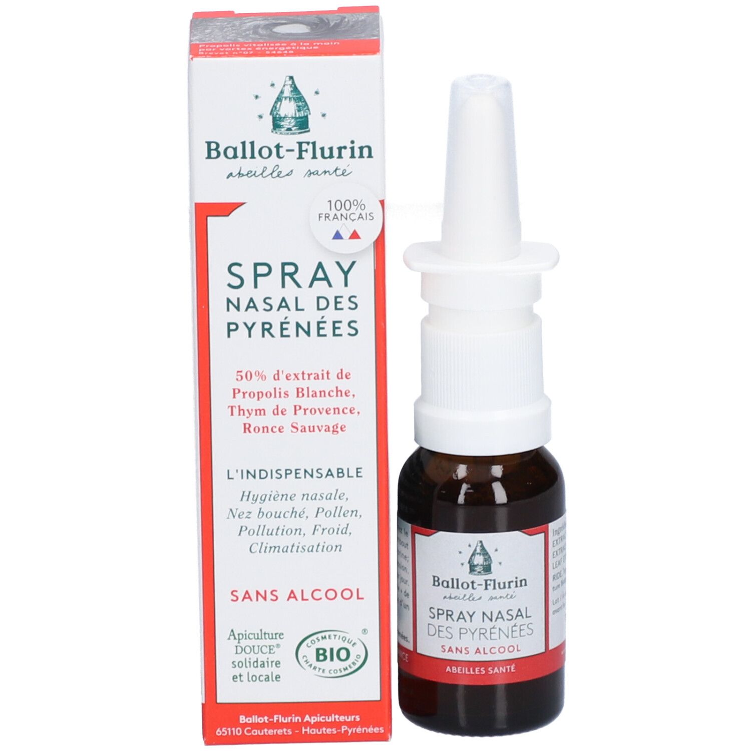 Productfles naast een verpakking. Op de verpakking staat "Spray Nasal des Pyrénées" en "Sans Alcool".